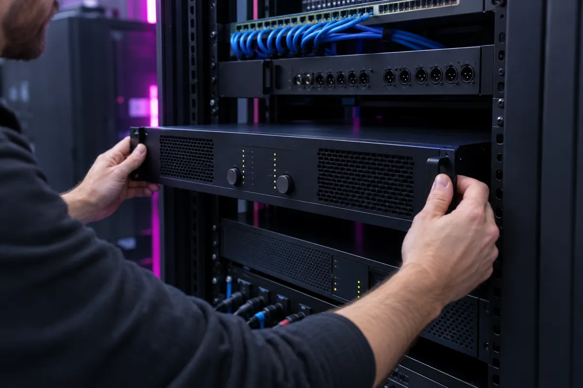An integrator installing a rack-mount amplifier into an equipment rack