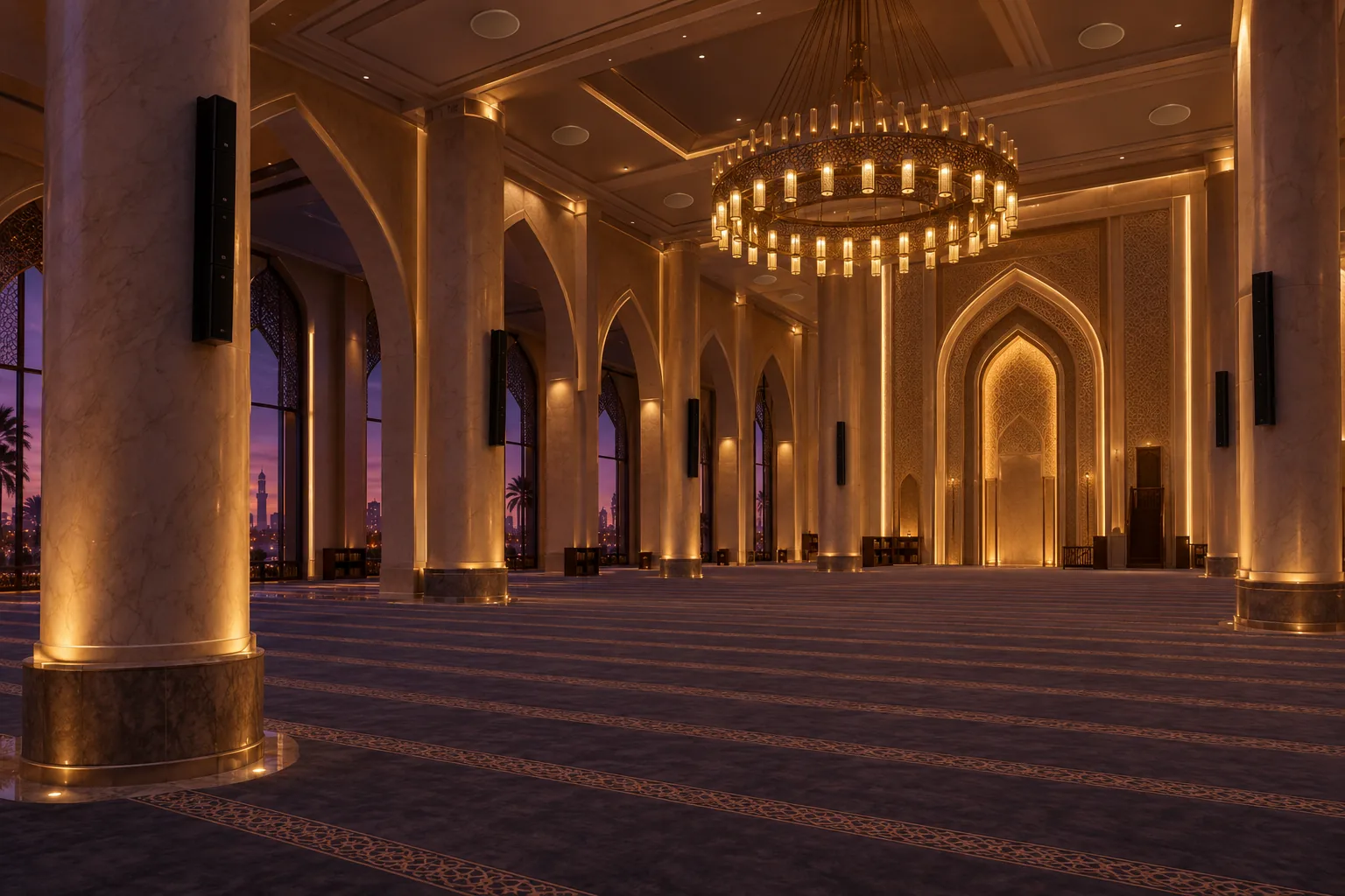 Mosque prayer hall with column speakers on the pillars and flush ceiling speakers