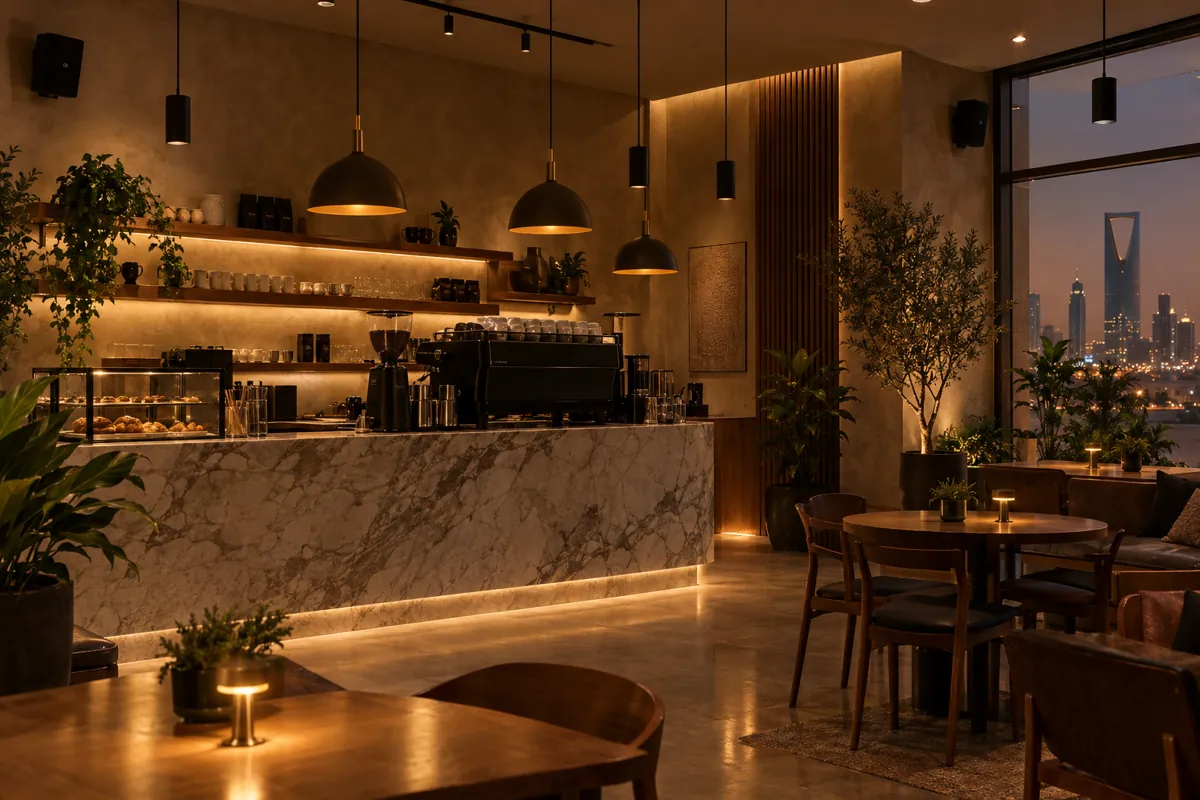 Café with pendant and on-wall speakers